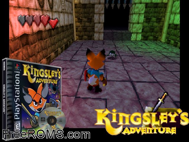 Kingsley`s Adventure PSX game showing 3D box cover and gameplay screenshot